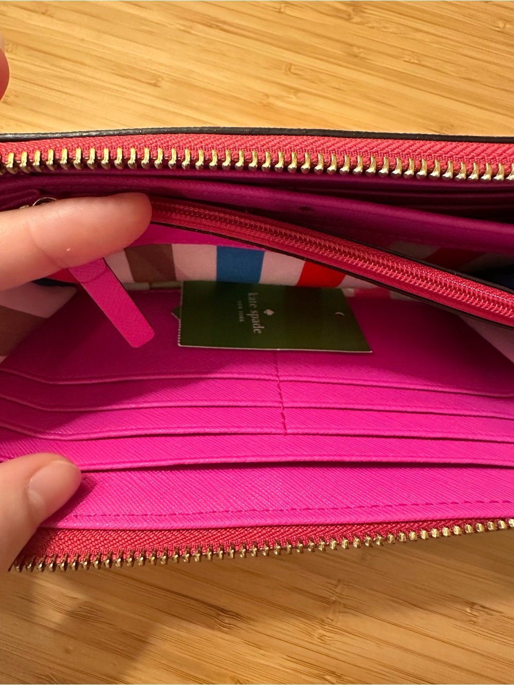 Kate Spade Pink Wallet with Striped Lining and Gold Plaque Detailing - Picture 7 of 9
